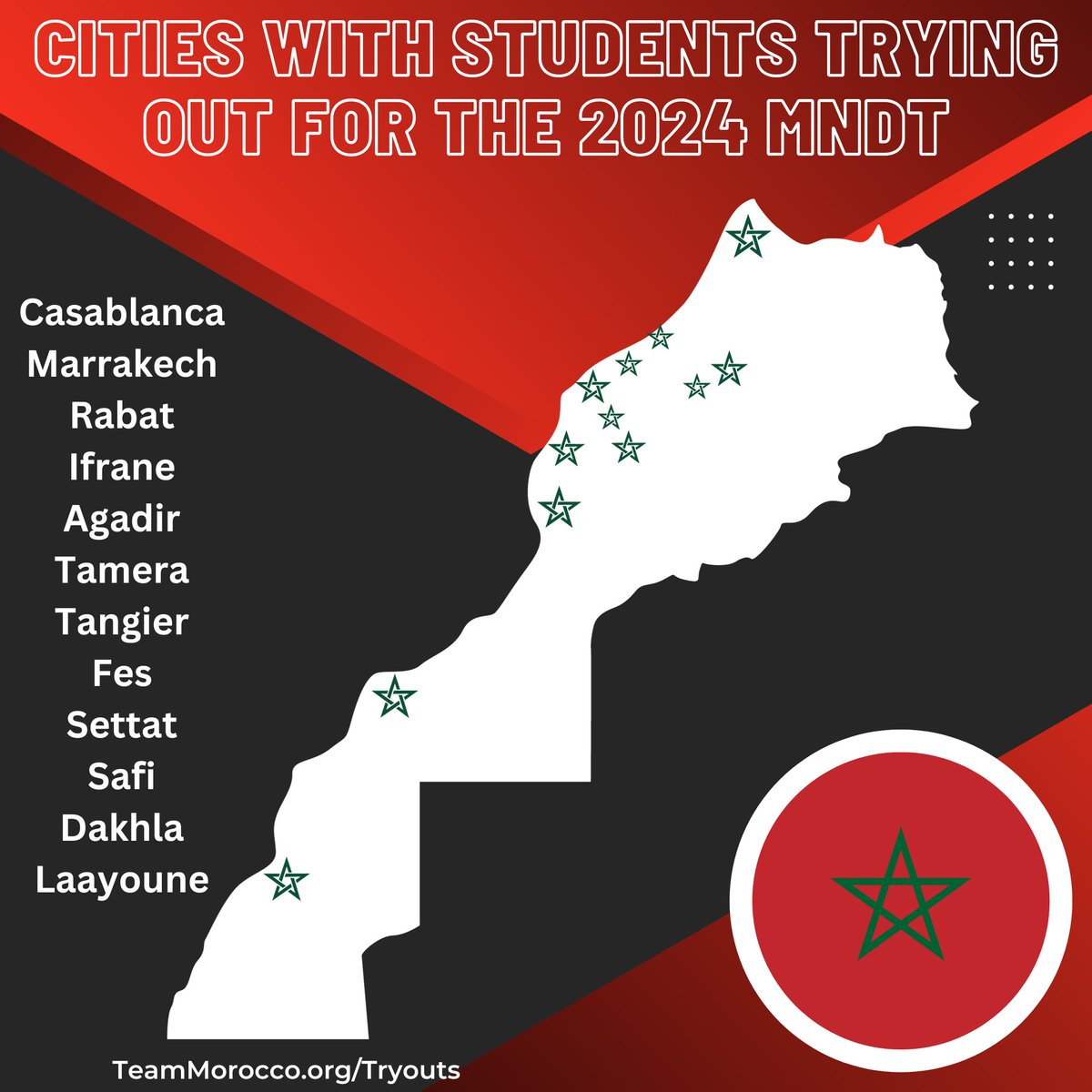 The 2024 MNDT students who will be trying out for Team Morocco for the 2024 WSDC in Serbia are coming from the following Moroccan cities! This is the most we have ever had and we are looking forward to meeting you all! 

#MNDT2024 #WSDC2024