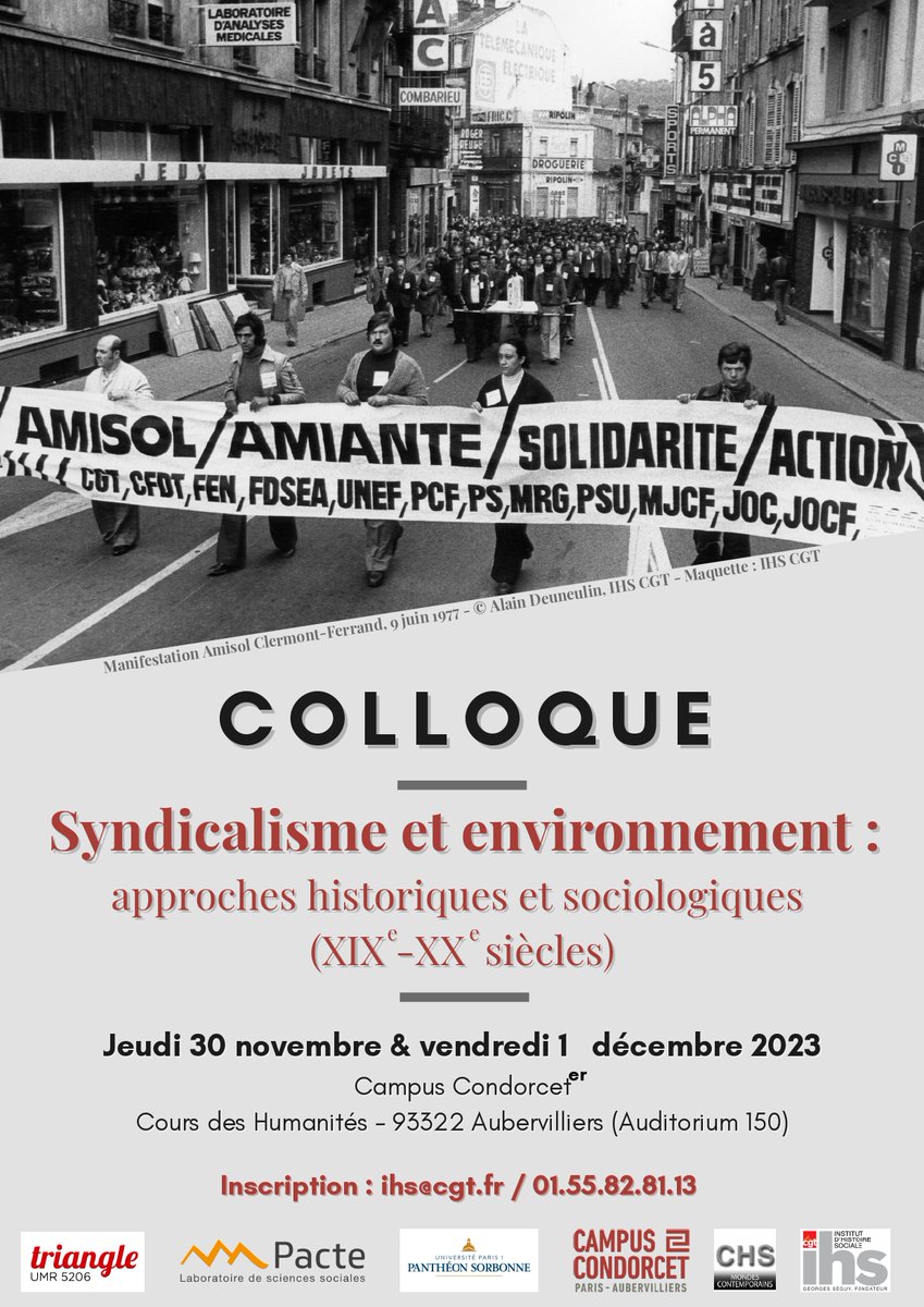 renaudbecot's tweet photo. Le colloque "Syndicalisme et environnement. Approches historiques et sociologiques" se tiendra au @CampusCondorcet, le 31 novembre et 1er décembre.
Le programme est désormais disponible, et les inscriptions sont ouvertes. Plus d'informations :
https://t.co/TB0bh2pesp https://t.co/rEynMqmGPf