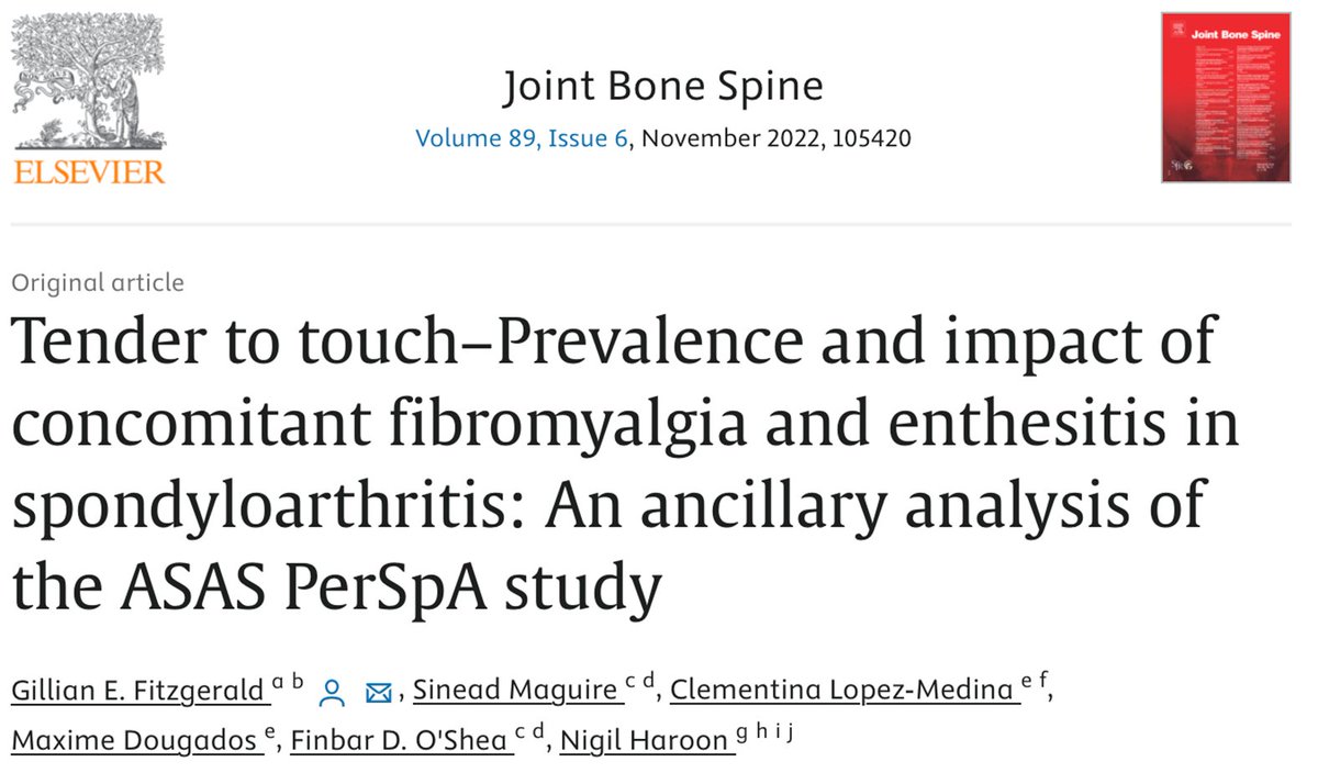 #ASAS publication

In case you missed it: An ancillary analysis of the ASAS Per-SpA study examined the problematic overlap between fibromyalgia and enthesitis between males and females with axSpA

Full article here: sciencedirect.com/science/articl…