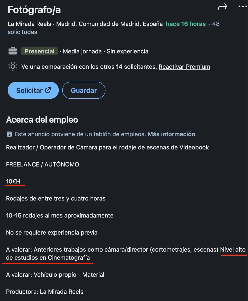FEnojado's tweet photo. Me enoja que pidan “nivel alto en estudios de cinematografía” y paguen como “estudiante en prácticas sin acabar bachiller” poca vergüenza los de #lamiradareels #reelcast 
Sin mencionar lo de “oferta de trabajo” cuando realmente es “demanda de profesional autónomo”
Todo Mal. https://t.co/gB68q1fceN