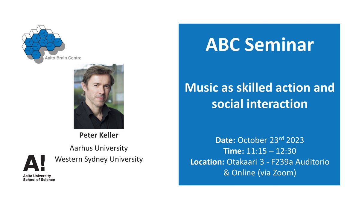 Aalto Brain Centre (@abc_aalto) on Twitter photo Welcome to our ABC Seminars!
This time, <a href="/perikeller/">Peter Keller</a> (Aarhus University & Western Sydney University) will discuss his research work on the psychological and neurophysiological underpinnings of human interaction in musical contexts.
More info here: aalto.fi/en/events/abc-… Welcome to our ABC Seminars!
This time, <a href="/perikeller/">Peter Keller</a> (Aarhus University & Western Sydney University) will discuss his research work on the psychological and neurophysiological underpinnings of human interaction in musical contexts.
More info here: aalto.fi/en/events/abc-…