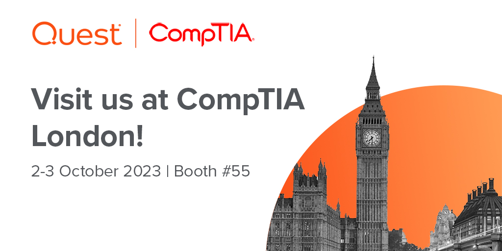 Are you visiting @CompTIA event in London? Come and meet the @Quest team @AdrianMoir and Tina Rosenmeyer at stand #55 #emeacon #CompTIACommunity
