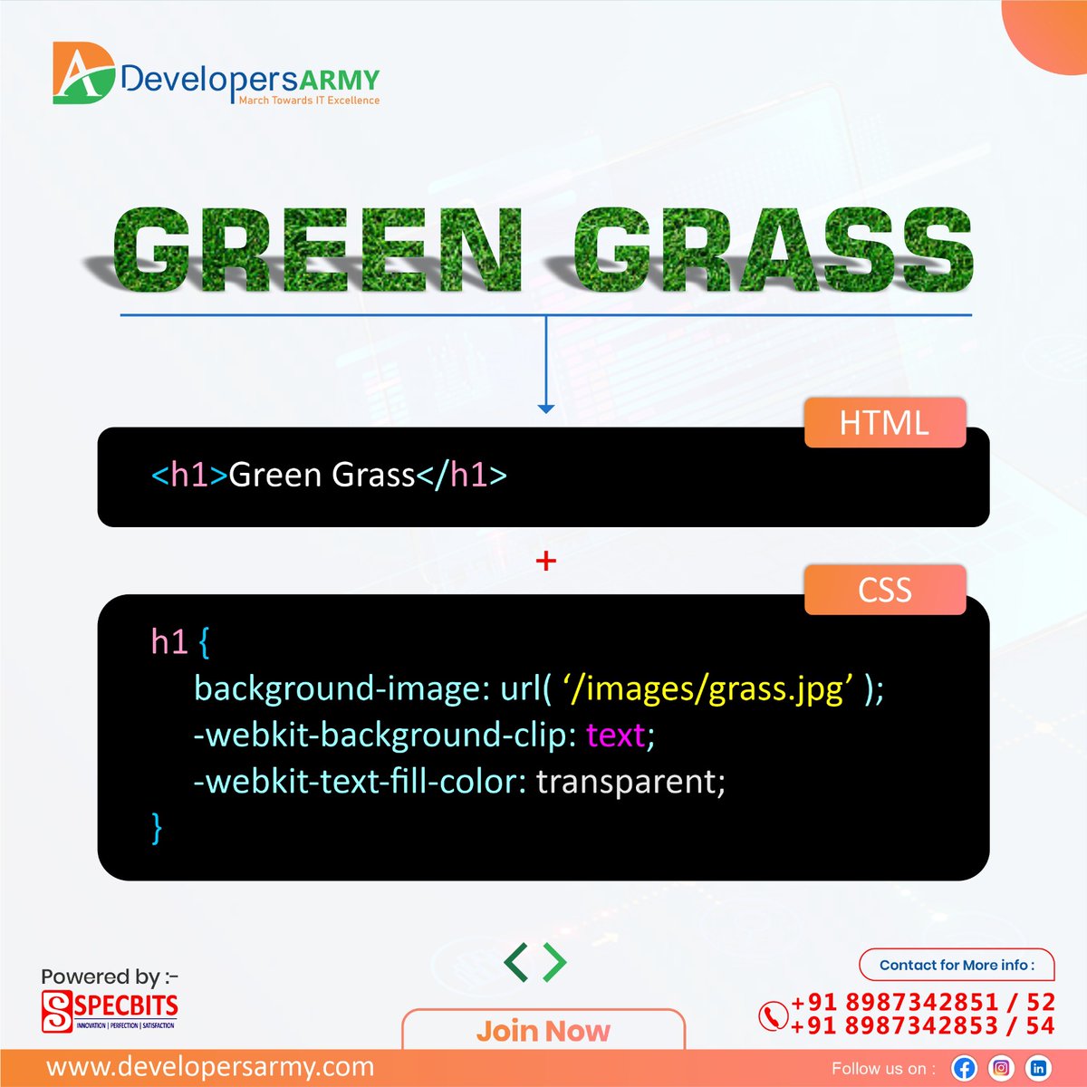 DevelopersArmy's tweet image. 🎨 🚀
Hey, web creators! 💻🌟 Let&apos;s See how we can set an background image in text&apos; 🧙‍♂✨

#CSSProperties #WebDesign101 #CSSMagic #CodingNinjas #WebDevTips #LearnToCode #CSSLayout #CodeLikeAPro #FrontEndDev #CSSDesign #WebDevelopment #CodeWithMe