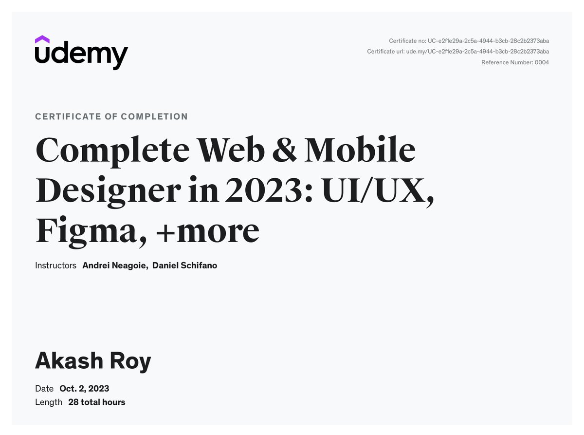 _akash_roy's tweet photo. Everyone, I am happy to share my course completion certificate "Complete Web &amp; Mobile Designer in 2023: UI/UX"
https://t.co/Ngi52IQHtS via @udemy

I started off with my design journey merely as a newbie. Since then I have come a long way &amp; looking forward for more!

#uiux #udemy https://t.co/lf0L80mkQb