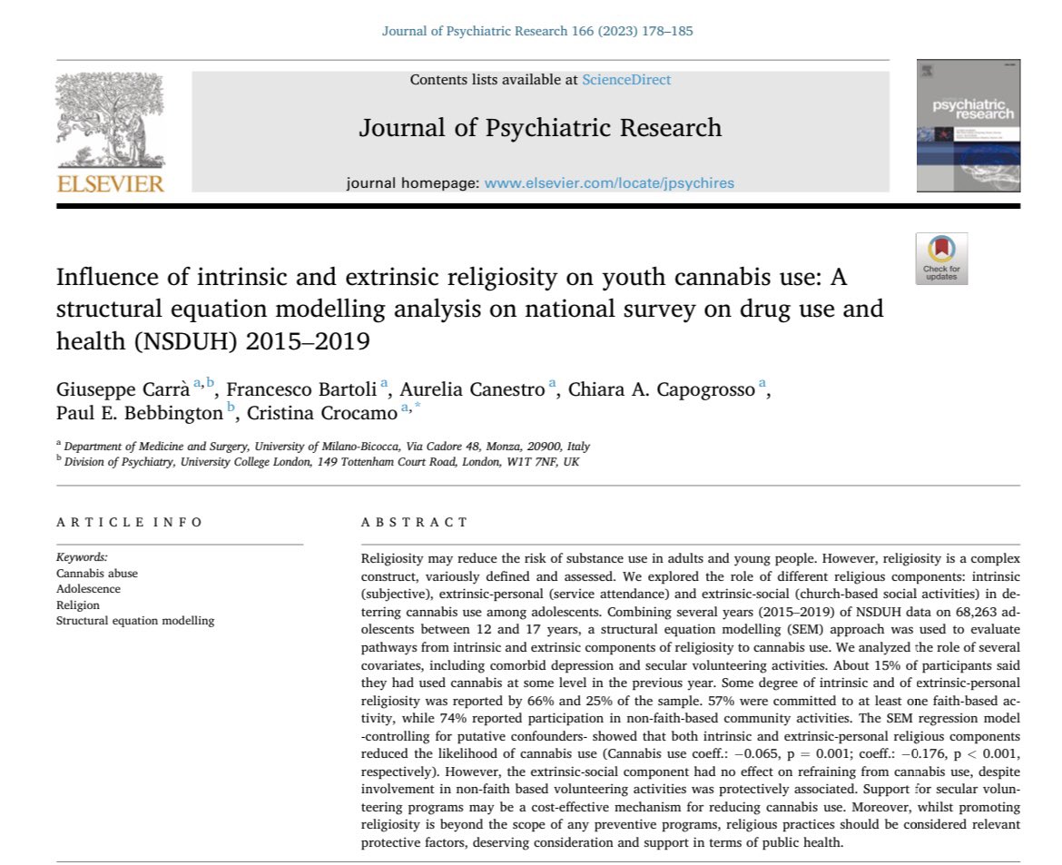 UNIMIB Psychiatry - Milano Lab (@unimib_psychiat) on Twitter photo Intrinsic and extrinsic influence of religiosity on youth cannabis use.
Check here for the evidence we found
👉sciencedirect.com/science/articl…
#unimib #cannabisuse #religiosity
<a href="/unimib/">Università degli Studi di Milano-Bicocca</a> <a href="/ucl/">UCL</a> @giuscarra <a href="/fbartoli_unimib/">Francesco Bartoli</a> <a href="/CristinaCrocamo/">Cristina Crocamo</a> Intrinsic and extrinsic influence of religiosity on youth cannabis use.
Check here for the evidence we found
👉sciencedirect.com/science/articl…
#unimib #cannabisuse #religiosity
<a href="/unimib/">Università degli Studi di Milano-Bicocca</a> <a href="/ucl/">UCL</a> @giuscarra <a href="/fbartoli_unimib/">Francesco Bartoli</a> <a href="/CristinaCrocamo/">Cristina Crocamo</a>