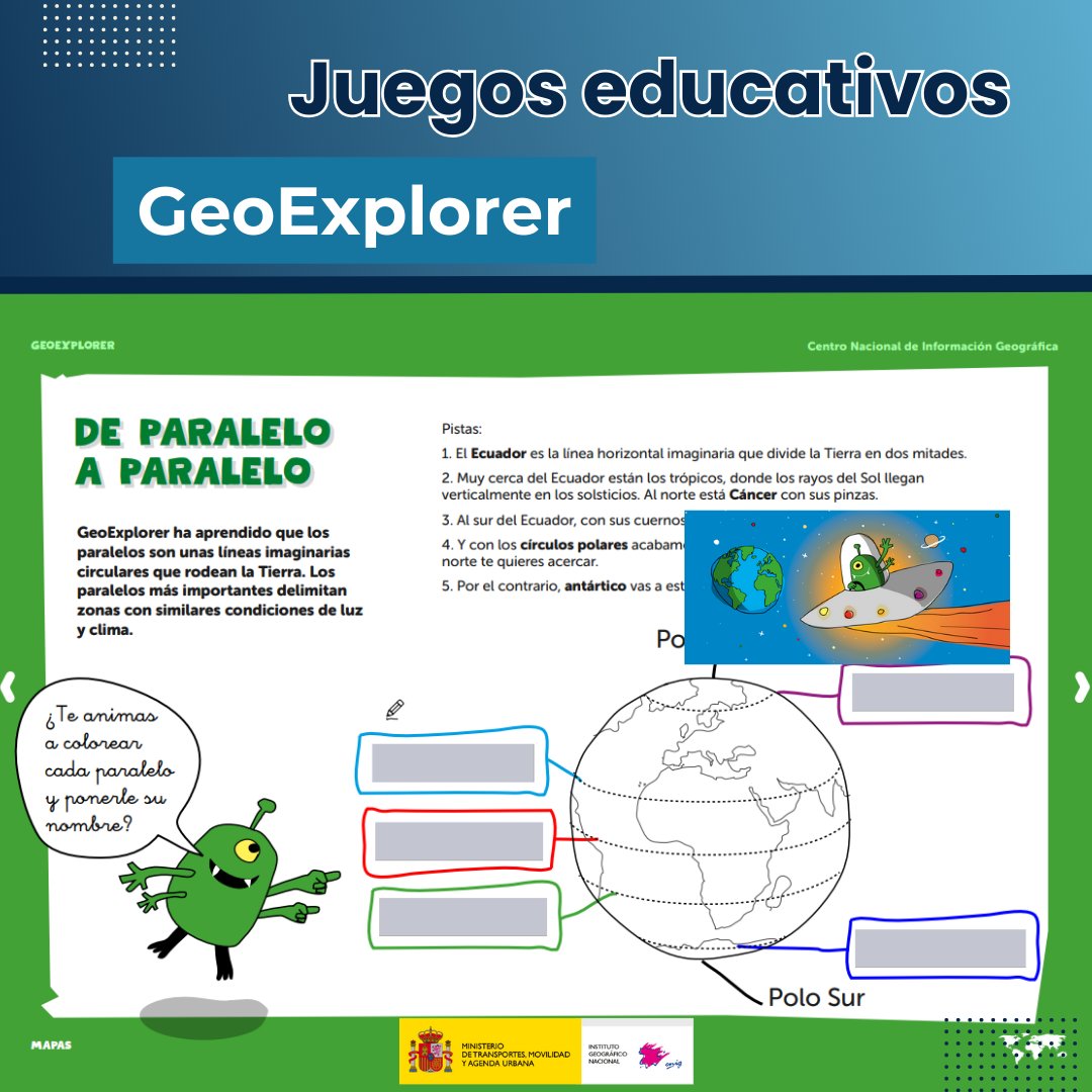 IGNSpain's tweet photo. 🧐¿Te animas a colorear cada paralelo y ponerle su nombre? 🎨🖌️
👧👦 Los niños y niñas podrán practicar y responder a estas y muchas más preguntas sobre #mapas 🗺️ jugando con el cuaderno infantil de actividades #GeoExplorer 📘🌎
#IGNSpain #CNIG @mitmagob #RecursosEducativos https://t.co/UaGzEQ8YtX