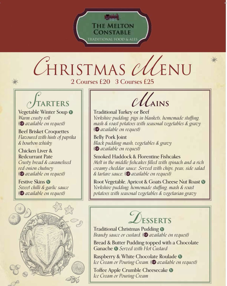 Christmas Menu now available 🎄 December 1st - 24th 🦌 Pre-bookings & advance orders only 🎅🏻 Gluten Free & Vegetarian options provided🍴 Tel: 0191 2377741 ☎️