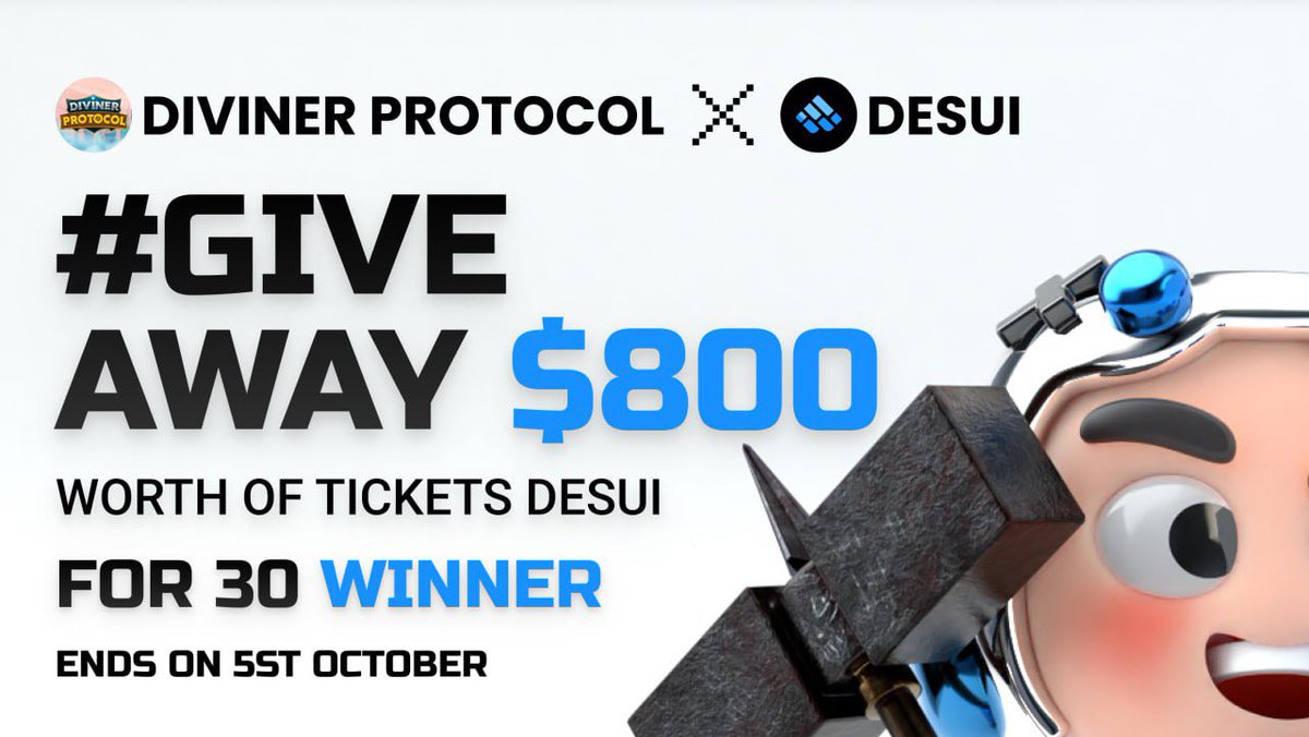 DivinerProtocol's tweet photo. 🎉#Giveaway 🎁

@DeSui_io X @DivinerProtocol
🏆 Prize:  $800 worth of Tickets Desui for 30 winners

1️⃣Follow @DeSui_io and @DivinerProtocol on Twitter

2️⃣Join Telegram https://t.co/aObecx9oDw and https://t.co/FwFwhH2CFB

3️⃣RT + Tag 3 friends 
 Ends on 5st October https://t.co/5ebxO8NrKC