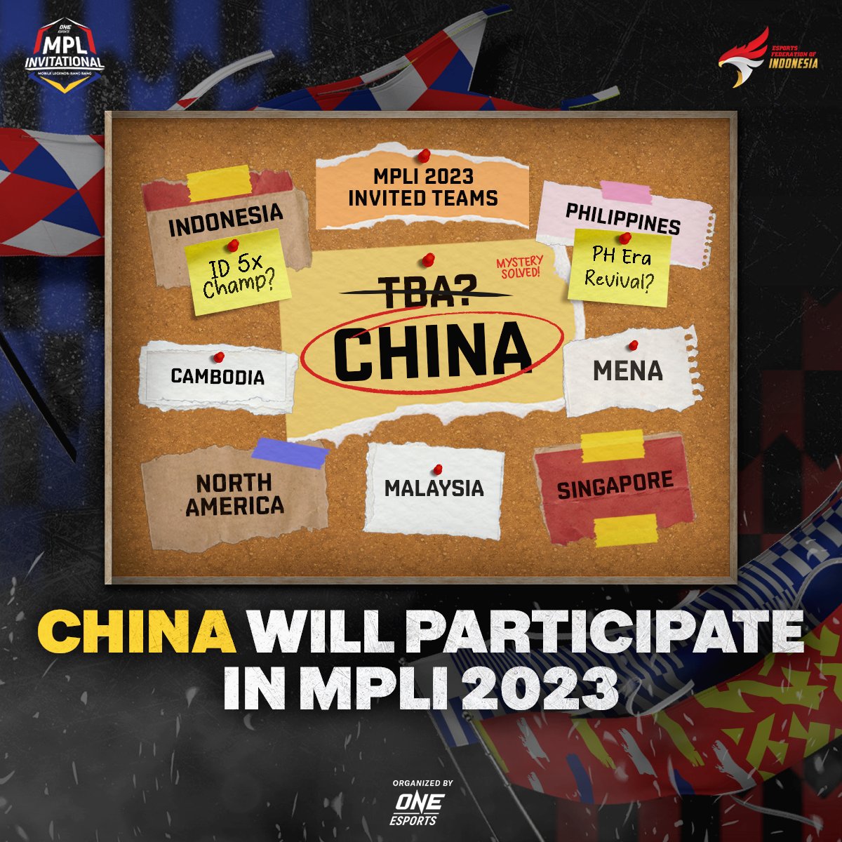 ONEEsports's tweet photo. MYSTERY SOLVED! 🎉 Witness history in the making as China prepares to battle for MPLI glory for the first time! Secure your tickets before it's too late ⏰ https://t.co/qshXLEP3li

#MPLI #MPLI2023 #MLBB #MobileLegends #RiseAbove https://t.co/HRtpQhZRZM
