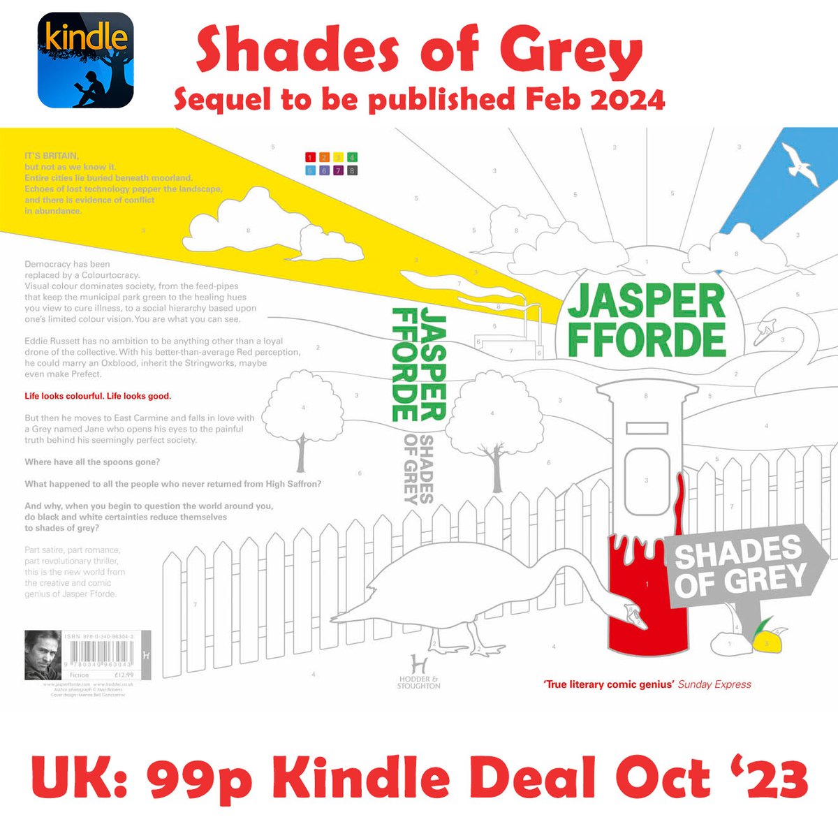 jasperfforde's tweet photo. 'Shades of Grey' is a 99p UK Kindle deal this month. If you haven't delved into this story, it takes place in a future dystopic Britain based rigorously around visual colour. Dark? Yes. Odd? That too. (Sequel due in February) Kindle link: https://t.co/z2ZxtWpspv https://t.co/nlHkU8H1Ac