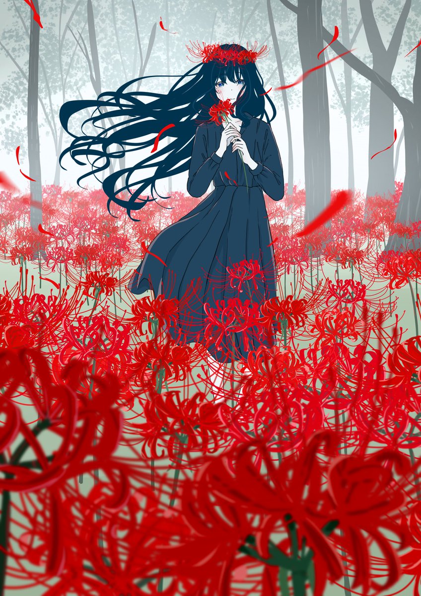 spider lily 1girl flower black hair solo long hair red flower  illustration images