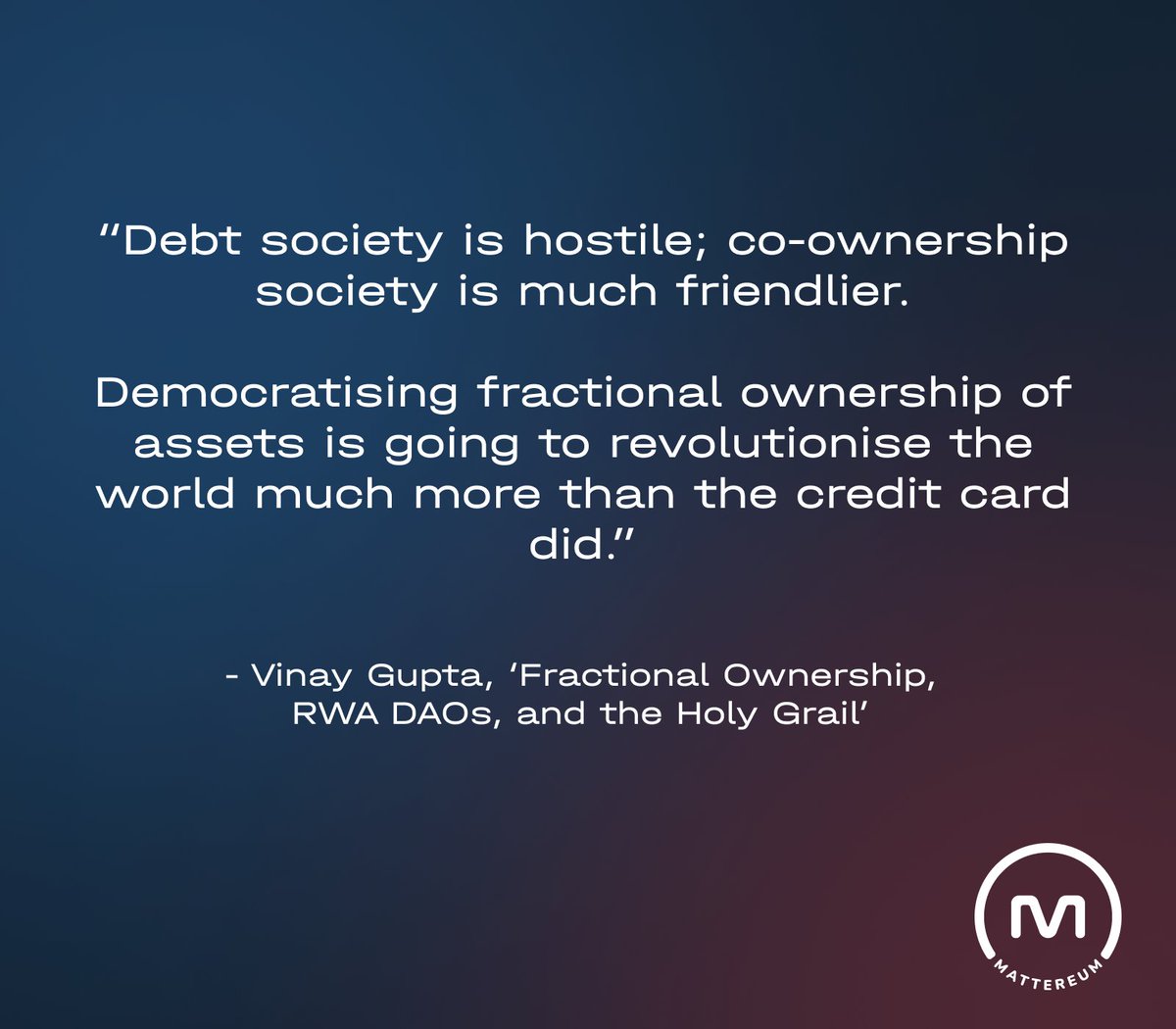 mattereum's tweet image. &apos;Fractional Ownership, RWA DAOs, and the Holy Grail&apos; - the new Medium piece from CEO @leashless

@mattereum @ethereum @SwarmMarkets 

#blockchain #rwa #fractionalization