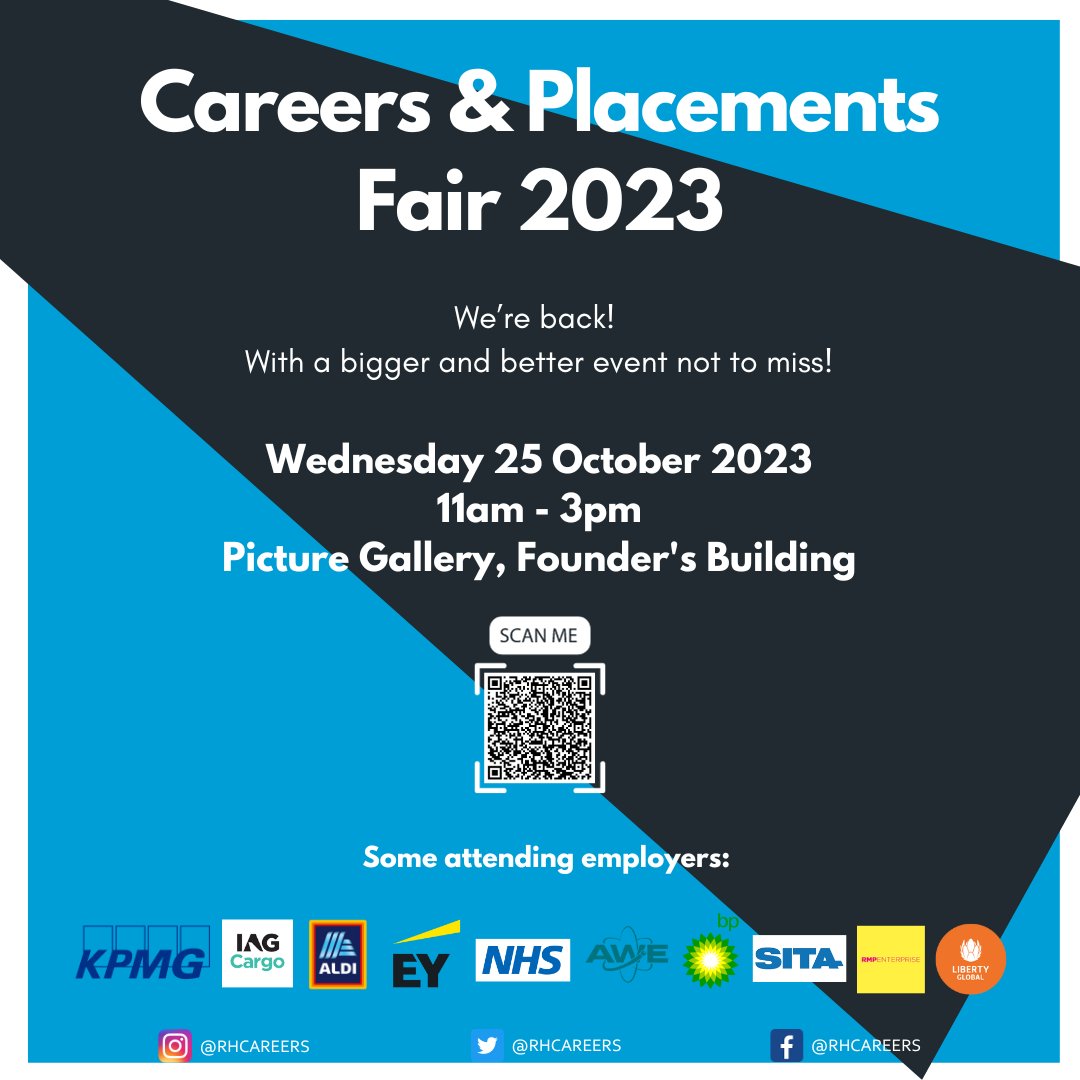 The Careers and Placements Fair is back! With only a few more weeks to go, save the date for a fantastic line up of high-profile employers such as Phillips, EY, Home Office, BP, Mclaren, Liberty Global and many more joining us. This is one not to miss! #rhcareers #careersfair