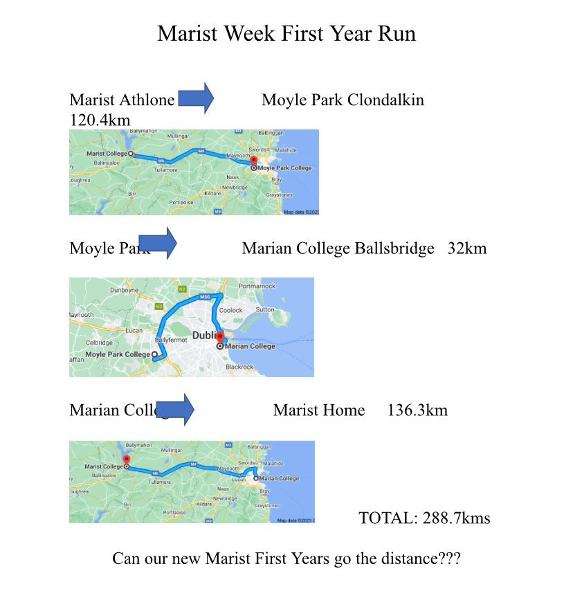 MaristAthlone's tweet photo. ππMarist Week ππ
First Year Run πββοΈ
Students running the distance between Marist Athlone and @moylepark and @MarianCollege
in Dublin.
Class Ash on their way to Dublin!
#maristweek2023 #maristweek https://t.co/AHhEAMtvbl