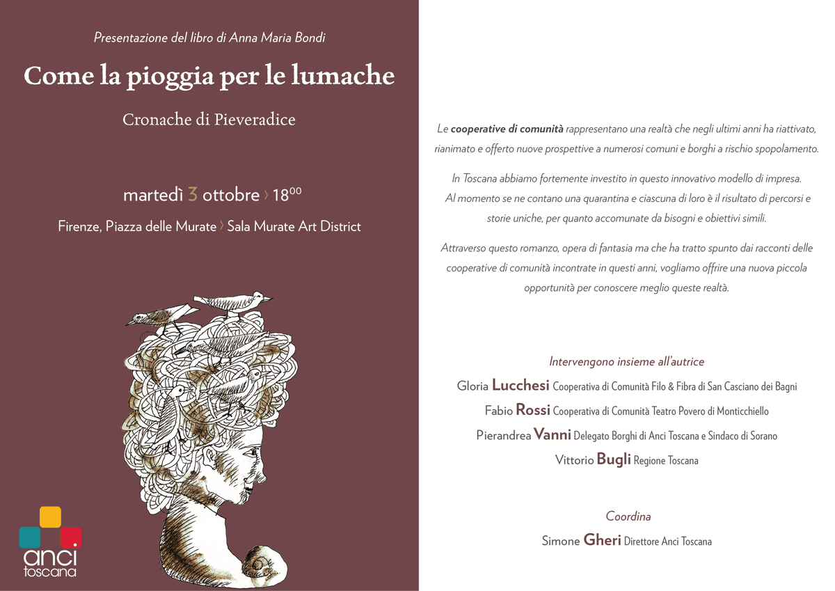 Sarà presentato domani 3 ottobre alle 18.00 a #Firenze al Murate Art District il romanzo "Come la pioggia per le lumache - Cronache di Pieveradice" di Anna Maria Bondi

➡️ Per registrarsi, scrivere a posta@ancitoscana.it

#cooperativedicomunità #areeinterne