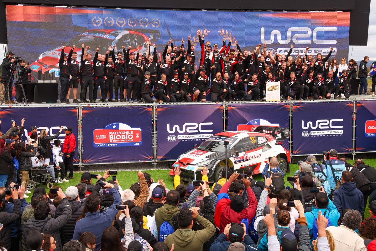 TGR_WRC's tweet photo. Manufacturers' Champions for the third year in a row! 🏆🏆🏆

#ToyotaGAZOORacing #GRYaris #WRC #RallyChile 🇨🇱 https://t.co/2OUVnsvatS