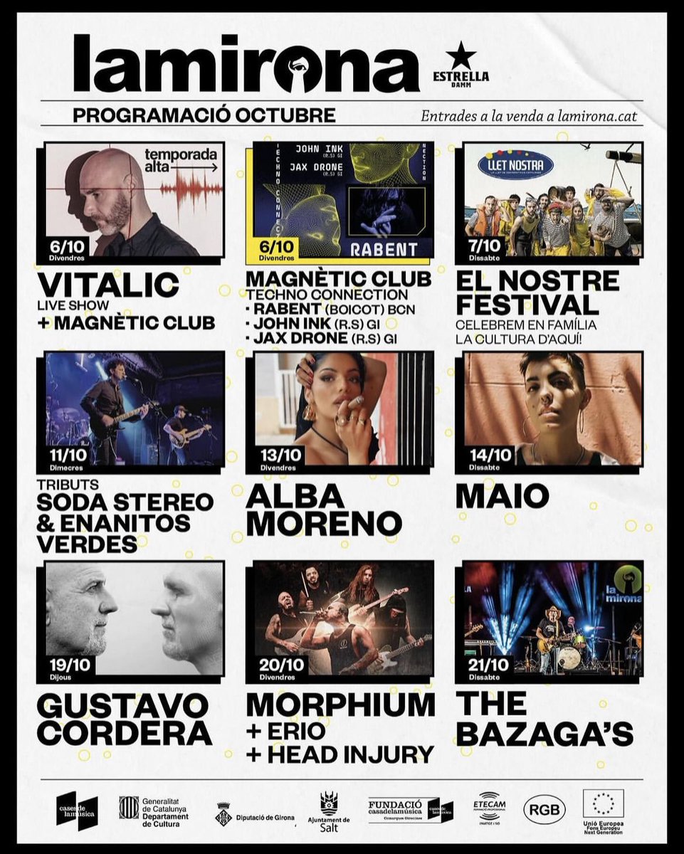 salalamirona's tweet photo. 💥 𝗣𝗿𝗼𝗴𝗿𝗮𝗺𝗮𝗰𝗶𝗼́ 𝗼𝗰𝘁𝘂𝗯𝗿𝗲 

@VITALICOFFICIAL 
@iamjaxdrone 
@tributoasoda 
@maioserrasolsas
@Gustavocordera 
@MorphiuM_info 
@headinjuryband 
@TheBazagas 
@lletnostratuit 

👉 https://t.co/HHGhB5QHK3

@estrelladamm
@casamusicagi https://t.co/nKd7yfI5Yf