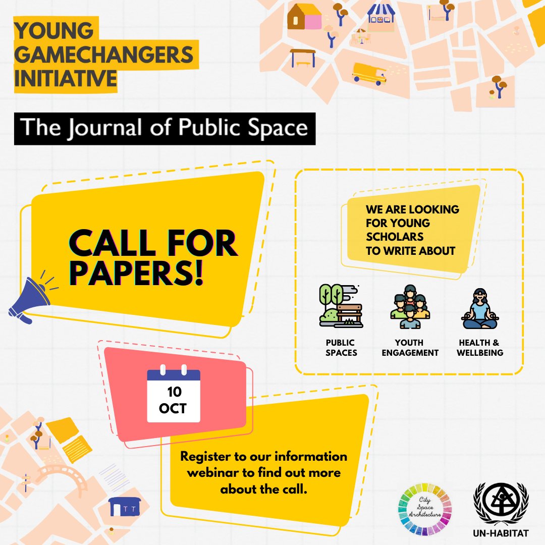 ✍️If you are a #YOUTH scholar on #UrbanHealth looking for a chance to make your voice heard on the World Habitat Day #WHD2023, commit to make a submission for the upcoming issue of The Journal of Public Space!

Sign up to Info Webinar🔗bit.ly/44WxgMW

#YoungGamechangers