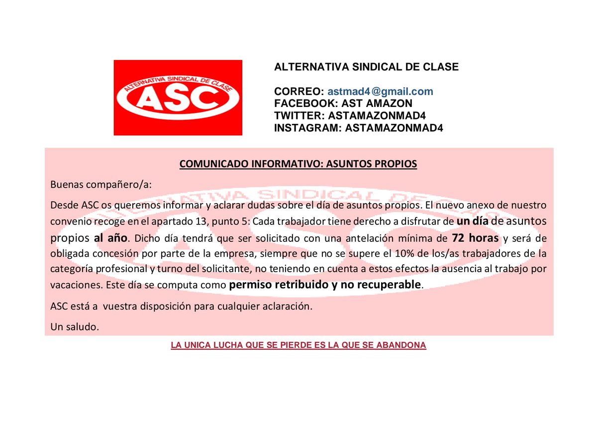 AstSindicato's tweet photo. 📍DIA DE ASUNTOS PROPIOS📍 https://t.co/adau40N1Dq