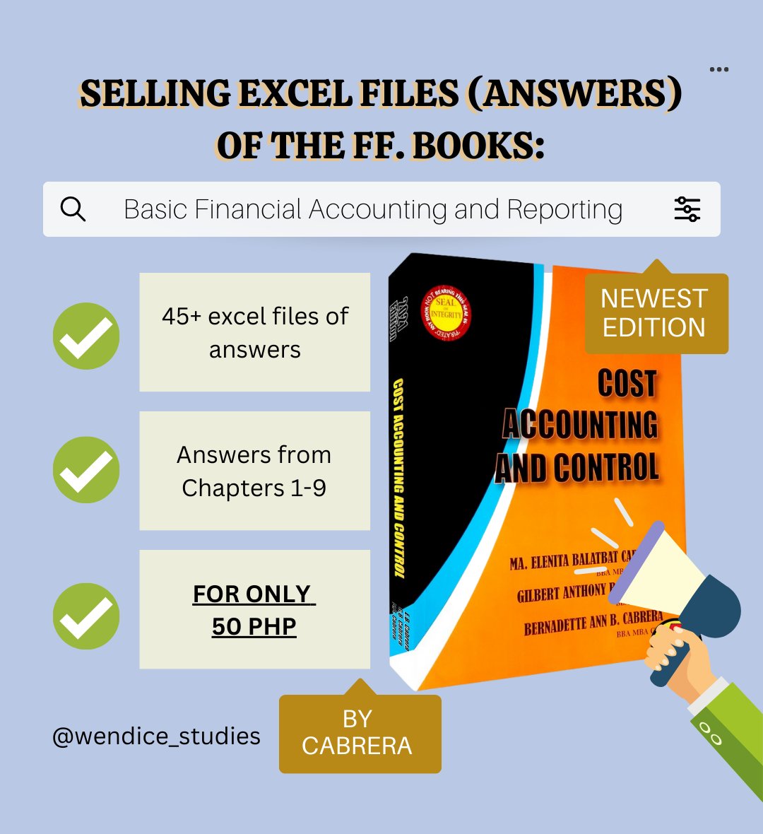 wenice_studies's tweet photo. 📍ATTENTION, ACCOUNTANCY STUDENTS📍
I will sell my Excel files containing answers from the book COST ACCOUNTING AND CONTROL and BASIC FINANCIAL ACCOUNTING AND REPORTING.
FOR ONLY 50 PHP!!
BFAR: C2-13, 15 (few exercises are not included)
COST: C1-9 (few exercises are not included) https://t.co/sAAMj9ow6x