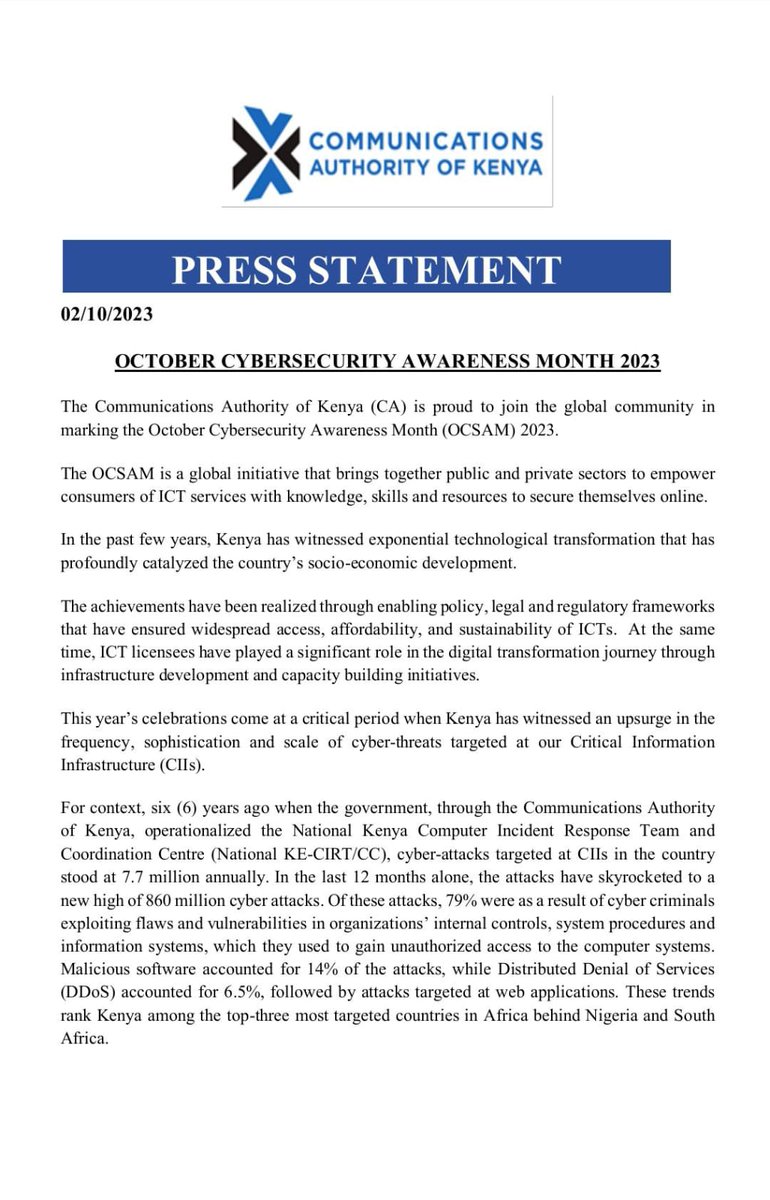 KeCIRT's tweet image. We are proud to join the global community in marking #CybersecurityAwarenessMonth2023. Together for a safer digital future for all.

@CA_Kenya @CA_DGOfficial @citizentvkenya @KTNNewsKE @KBCChannel1 @ntvkenya @K24Tv @tv47news @inooroke @StandardKenya @NationAfrica @PeopleDailyKe