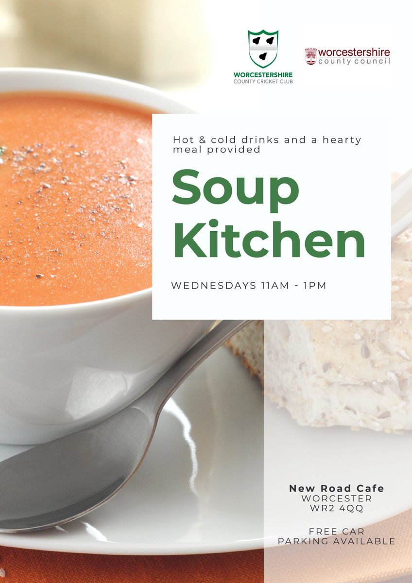 WorcsCCC's tweet photo. 🥣 Spread the word about our new soup kitchen, running each Wednesday 11am-1pm.

A free warm meal for anyone who needs it, served in our club cafe.

#WorcestershireHour https://t.co/aMXGAl1EWi