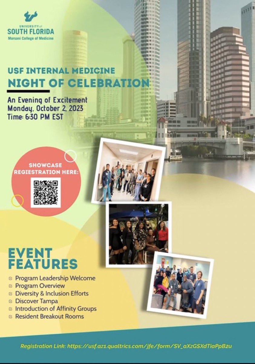 USFHospMed's tweet photo. 📢 Calling all #Match2024 IM applicants! Join @USFIMres TONIGHT Mon Oct 2 at 6:30 PM ET for a virtual meet and greet with program leadership and current residents #MedStudentTwitter 

https://t.co/mE2h0r2ZFt https://t.co/mbNClsLRNF