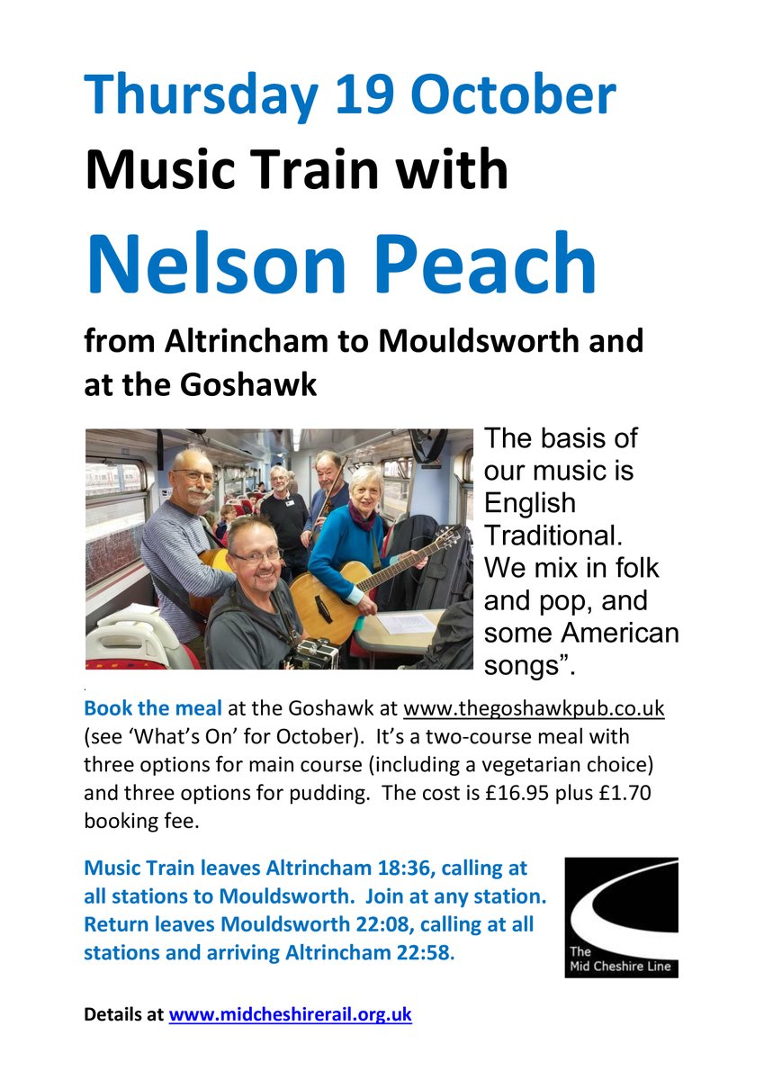 MidCheshireCRP's tweet photo. Blow away the post summer blues with one of our #musictrains Great music, great crowd, great pubs! @Goldpheasant @The_Goshawk
@northernassist @BeeNetwork #midcheshirerailwayline #livemusic #community #supportlocalpubs https://t.co/WWl6eGDZet