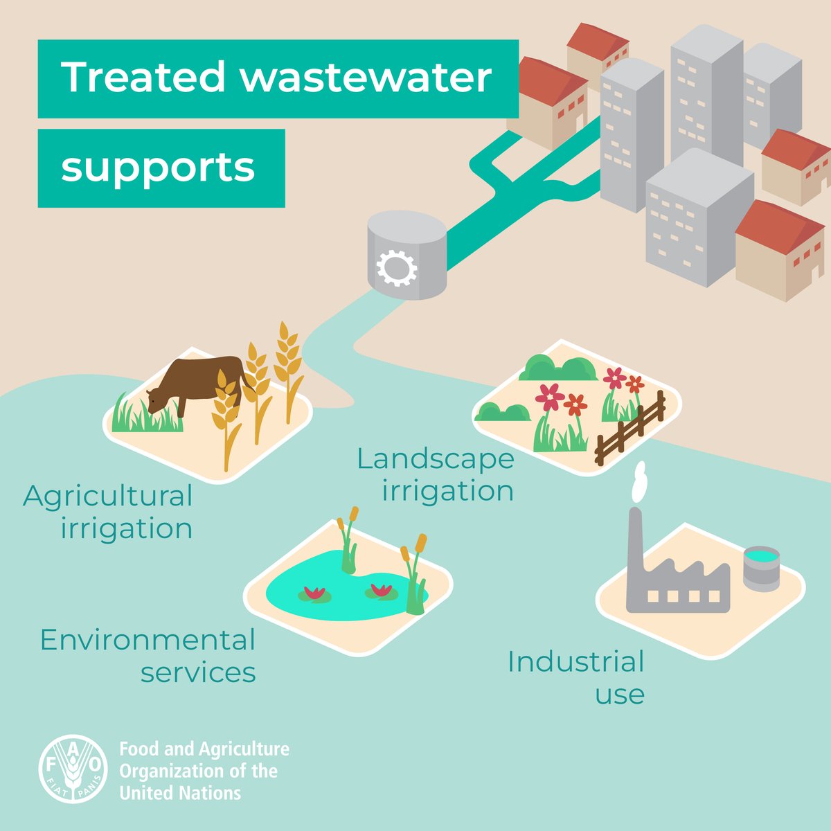 FAO's tweet photo. In the face of #ClimateChange, #WasteWater can be an untapped resource for farmers.

Safe use of wastewater can help us combat water scarcity and reduce environmental pollution.

Learn more about @FAO's work on wastewater: https://t.co/iQYYAvaAzF https://t.co/l8hA1UhhOs
