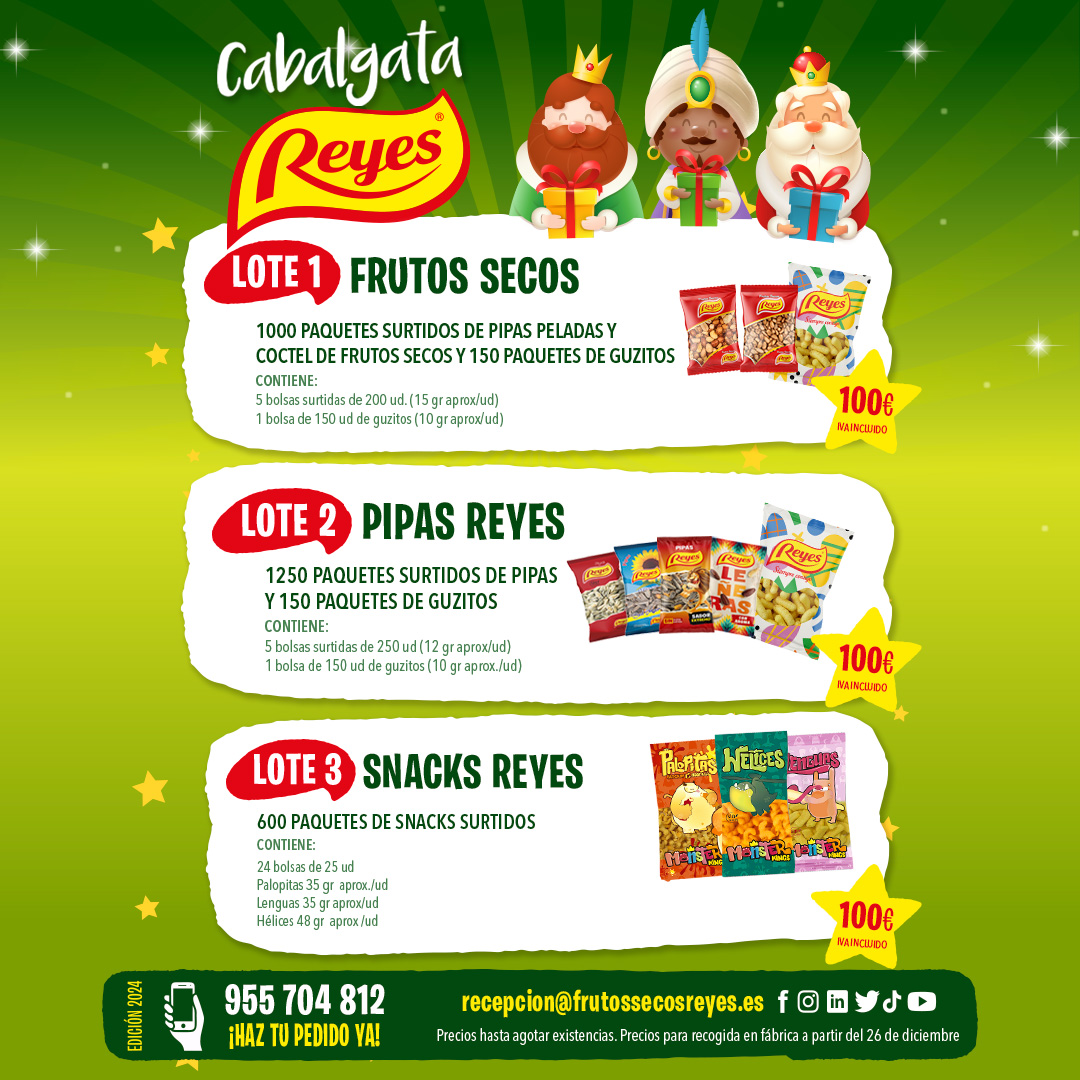 pipas_reyes's tweet image. ¡Ya puedes hacer tu pedido para la cabalgata de Reyes! 👑👑👑
Tenemos diferentes lotes de productos para que puedas elegir entre tus favoritos de #FrutosSecosReyes🥜
📞955 704 812
✉️recepcion@frutossecosreyes.es 
¡Haz ya tu pedido! 🐪
#Navidad2023 #cabalgata2023 #cabalgatareyes