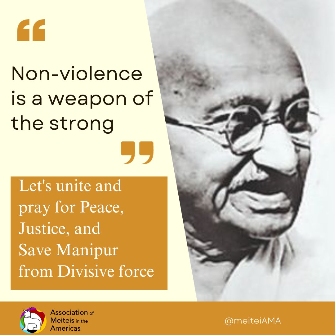 On this Gandhi Jayanti , let's keep non-violence as our goal and make strong progress toward it.

#GandhiJayanti #FatherOfNation
#FatherOfTheNation #NonViolence #internationaldayofnonviolence #ResilientManipur #Manipur #ManipurFightsBack #SaveManipur #SaveManipurSaveIndia…