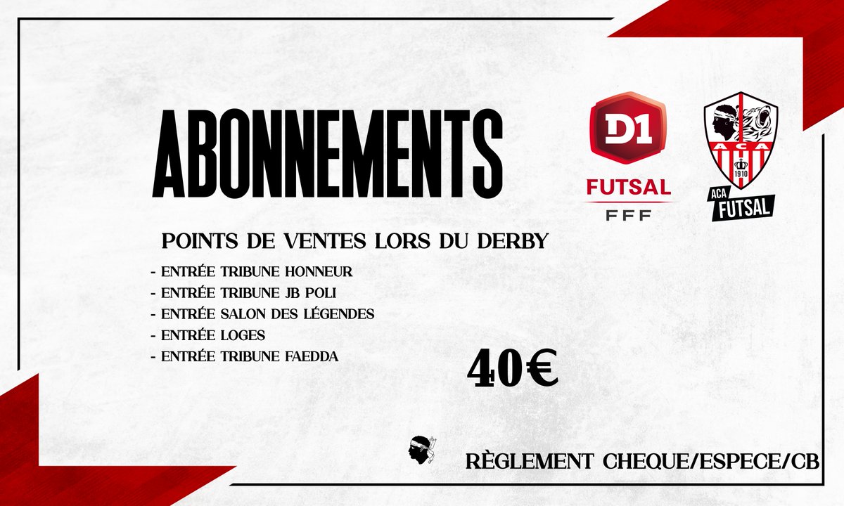 ACAFutsal1910's tweet photo. 𝐀𝐁𝐎𝐍𝐍𝐄𝐙-𝐕𝐎𝐔𝐒 𝐂𝐄 𝐒𝐎𝐈𝐑 𝐋𝐎𝐑𝐒 𝐃𝐔 𝐃𝐄𝐑𝐁𝐘 !
Plusieurs points de vente vous attendent ce soir lors du match #ACASCB pour vous abonner à cette saison historique de #D1Futsal !
Abonnement pour la saison : 40€
règlement cheque/espèces/CB !
#ACASCB https://t.co/y3NY0HEFCd