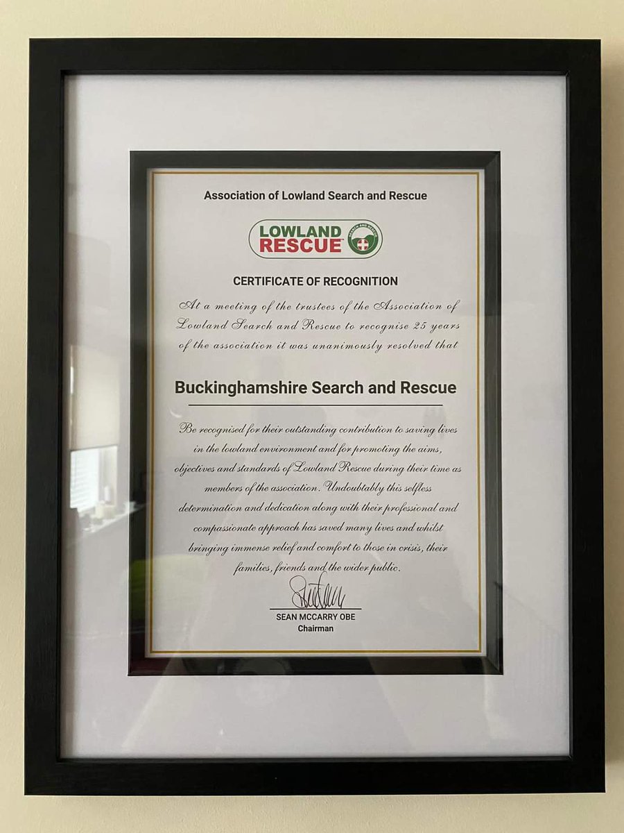 As one of the founder members of the Lowland Rescue organisation, Bucks Search &amp; Rescue were presented with this award at the LR AGM this weekend as they celebrated 25years. It is an honour for all our members to have received this. 
Thank you Lowland Rescue.