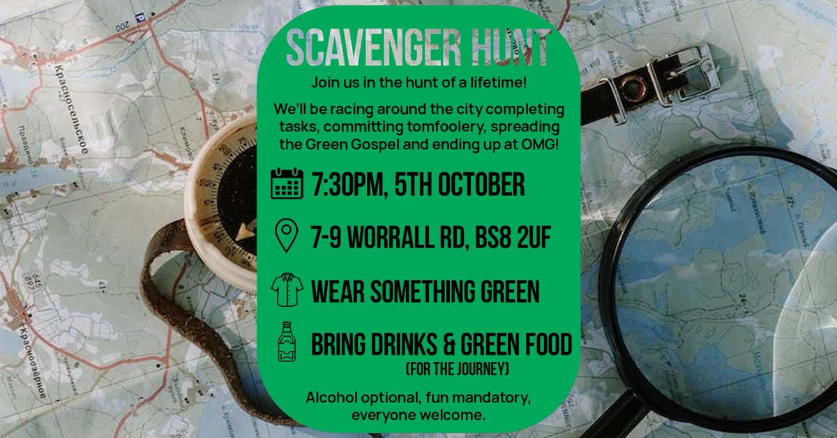 Join us on the hunt of a lifetime! Complete tasks, commit tomfoolery, spread the Green Gospel. Wear Green, bring drinks and a green food of your choice! (and a friend if you want to!) We'll be meeting at 7:30 - ending OMG! Alcohol optional, fun mandatory, everyone welcome