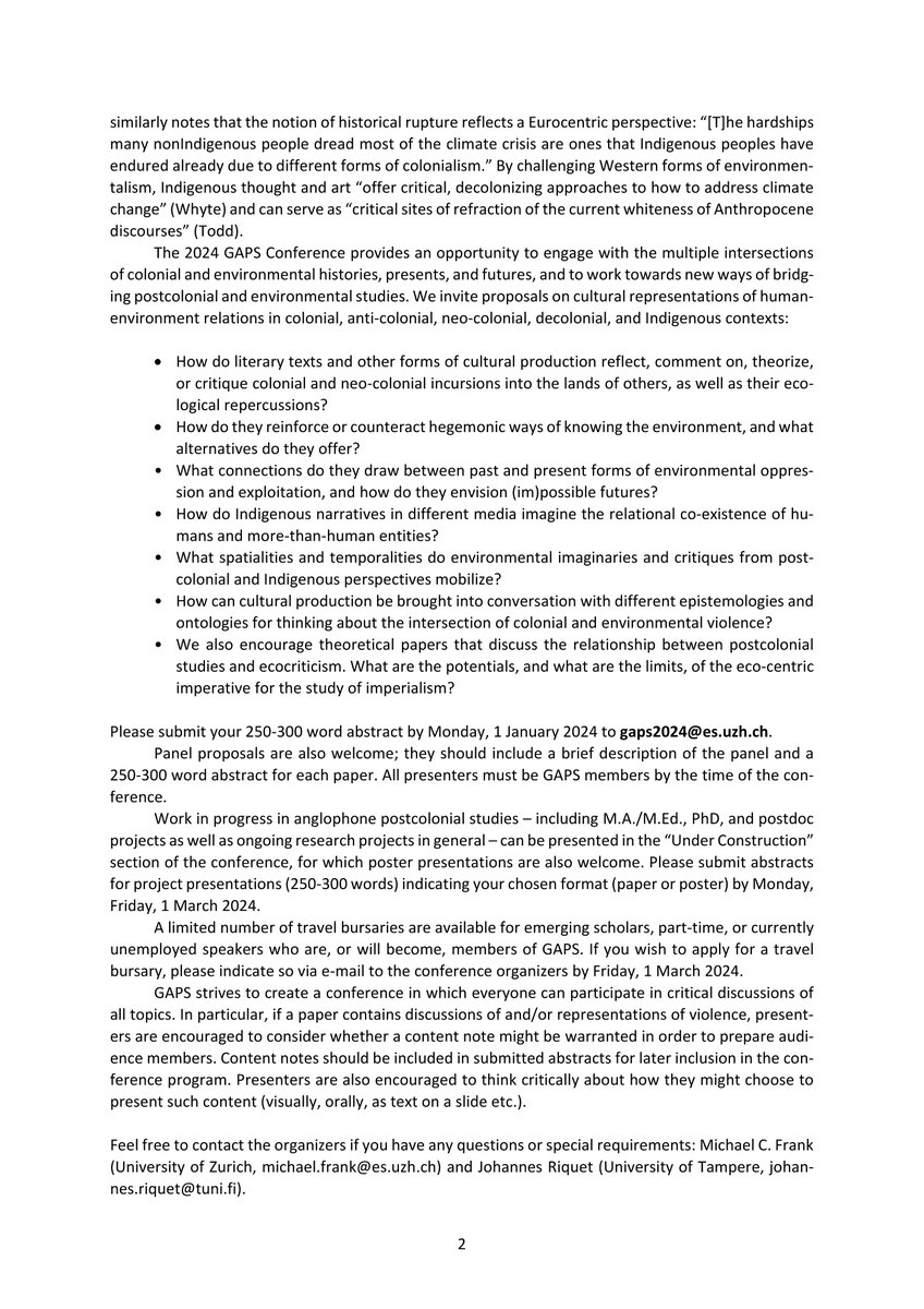 @gapsnet.bsky.social (@gapsnet) on Twitter photo We are excited to share the call for papers for our next annual conference 9 May - 11 May 2024 on "Post/Colonial Environments" <a href="/UZH_ch/">Universität Zürich</a> 🌿
🗓️Deadline for individual and panel proposals: 1 January 2024
🗓️Deadline for the "Under Construction" section: 1 March 2024 We are excited to share the call for papers for our next annual conference 9 May - 11 May 2024 on "Post/Colonial Environments" <a href="/UZH_ch/">Universität Zürich</a> 🌿
🗓️Deadline for individual and panel proposals: 1 January 2024
🗓️Deadline for the "Under Construction" section: 1 March 2024
