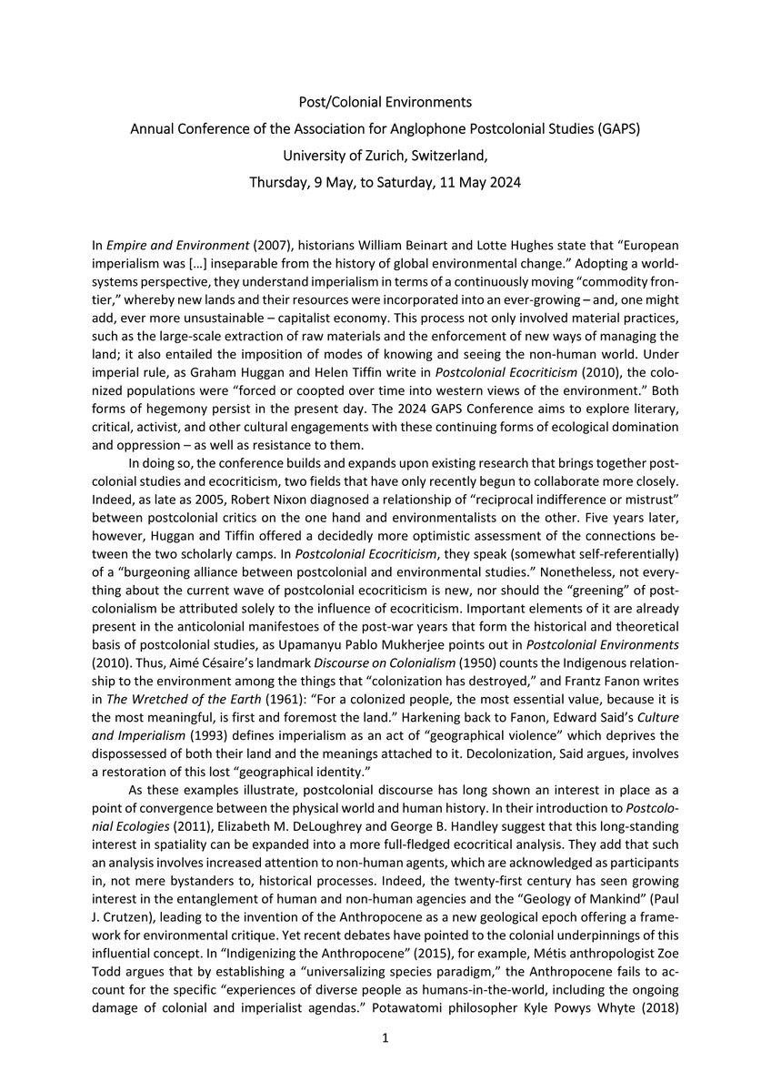GAPSnet's tweet photo. We are excited to share the call for papers for our next annual conference 9 May - 11 May 2024 on "Post/Colonial Environments" @UZH_ch  🌿

🗓️Deadline for individual and panel proposals: 1 January 2024

🗓️Deadline for the "Under Construction" section: 1 March 2024 https://t.co/jUiv4dhhQg
