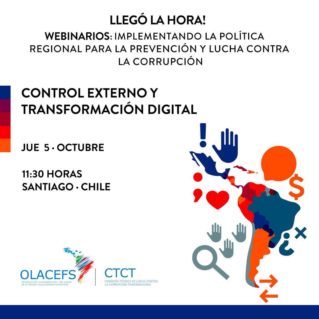 OLACEFS_oficial's tweet photo. #LlególaHora│Ciclo de webinarios "Implementando la Política Regional para la Prevención y Lucha contra la Corrupción de la OLACEFS”. 
🗓️Jueves 5 de octubre
⌚️11:30 horas de Santiago
🔗Link al Webinario https://t.co/bwjn16Kqob https://t.co/dssVdUhNOC