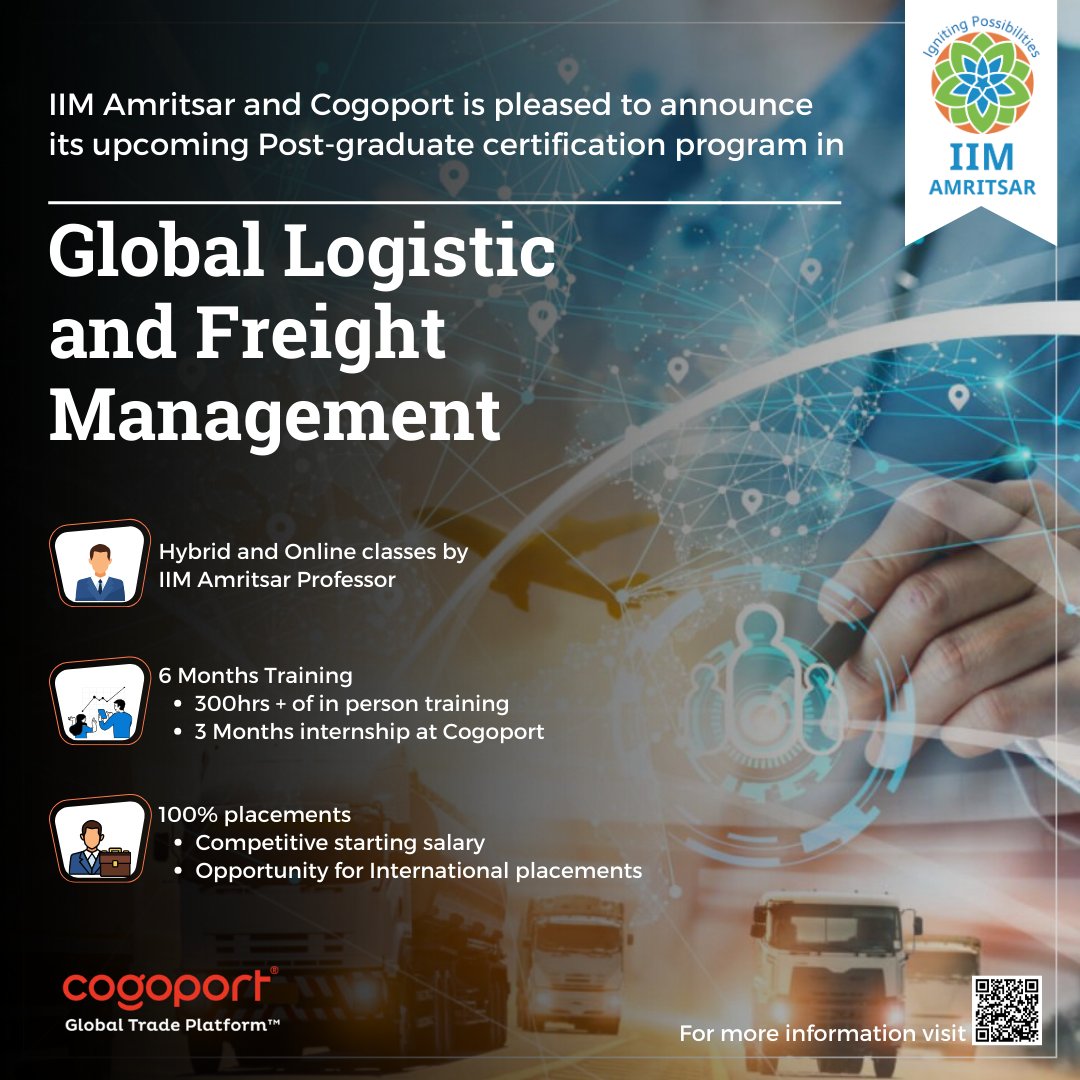 IIMAmritsar's tweet photo. Developed in collaboration with Cogoport, a leading global trade platform, and IIM Amritsar, the Post-Graduate Certification Program in "Global Logistics and Freight Management," is designed to deliver boundless opportunities in logistics and freight operations.
#IIMAm #cogoport https://t.co/WdkQFDxMa5