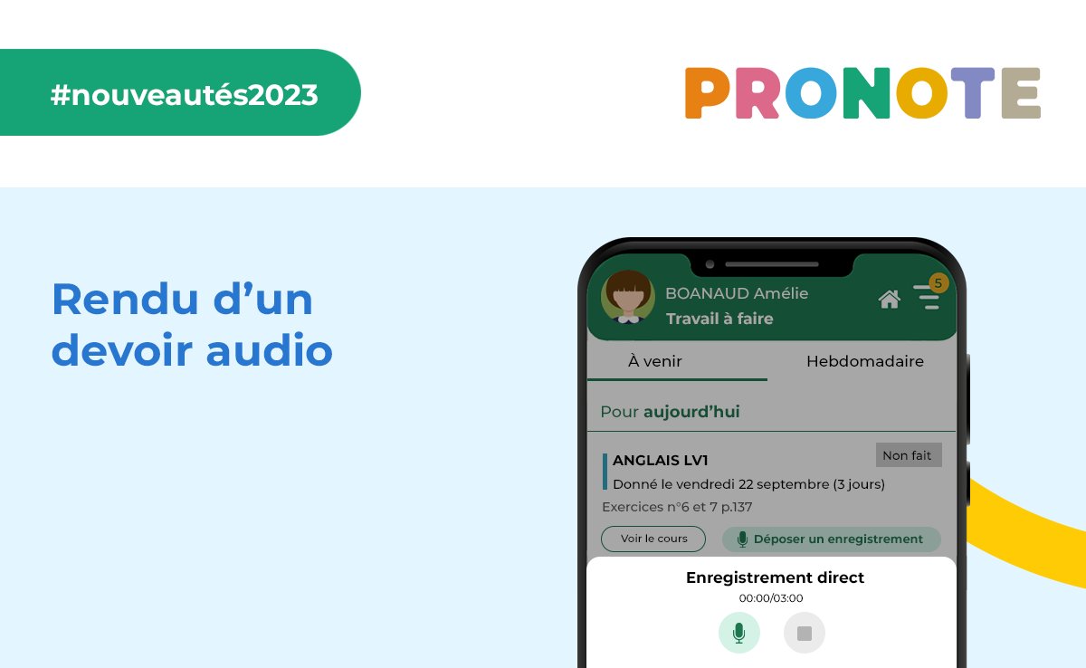 [NOUVEAUTÉ PRONOTE 2023 💥 #12] - Fichiers audio
-- Spécial profs et élèves --
À la demande de l'enseignant, le travail à effectuer peut prendre la forme d'un fichier  audio : l'élève s'enregistre directement.
Les nouveautés 2023 👉l.doca.info/pvBO50PPHjK
