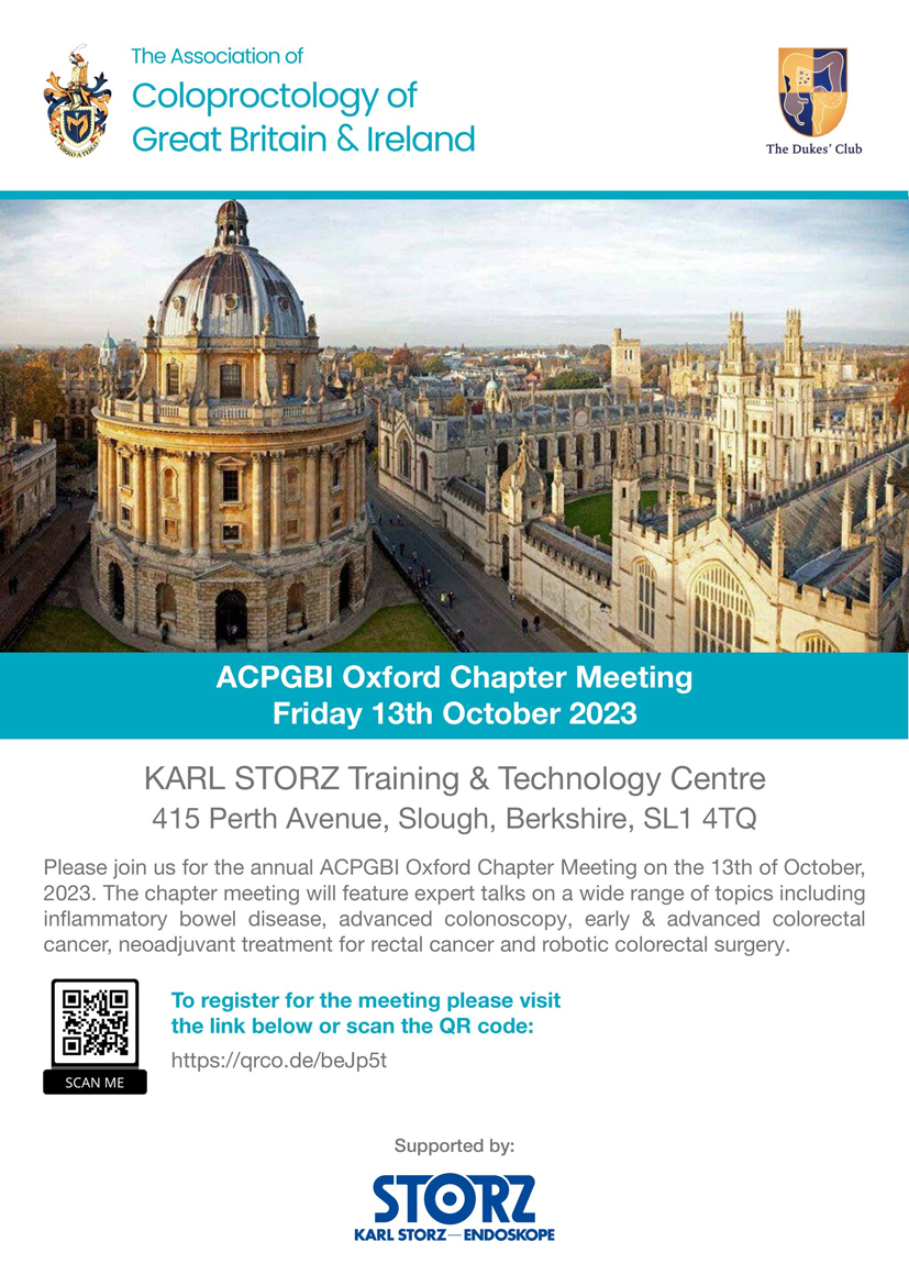 Exciting news! The <a href="/ACPGBI/">@ACPGBI</a> Oxford chapter meeting is on 13 October at the Karl Storz Training &amp; Technology Centre in Slough!
Hear from experts in colorectal surgery &amp; discuss the latest evidence &amp; developments
Join us &amp; be inspired!
👉bit.ly/ACP_Oxford_Cha…
#colorectalsurgery