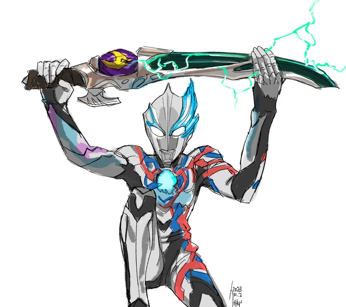 今日調子悪かったので調子あげるために描いたチルソナイトソードを捧げるポーズをするウルトラマンブレーザーです。殴り書きで恐縮なんだけどちょっとほんとめっちゃ良かった…好き…