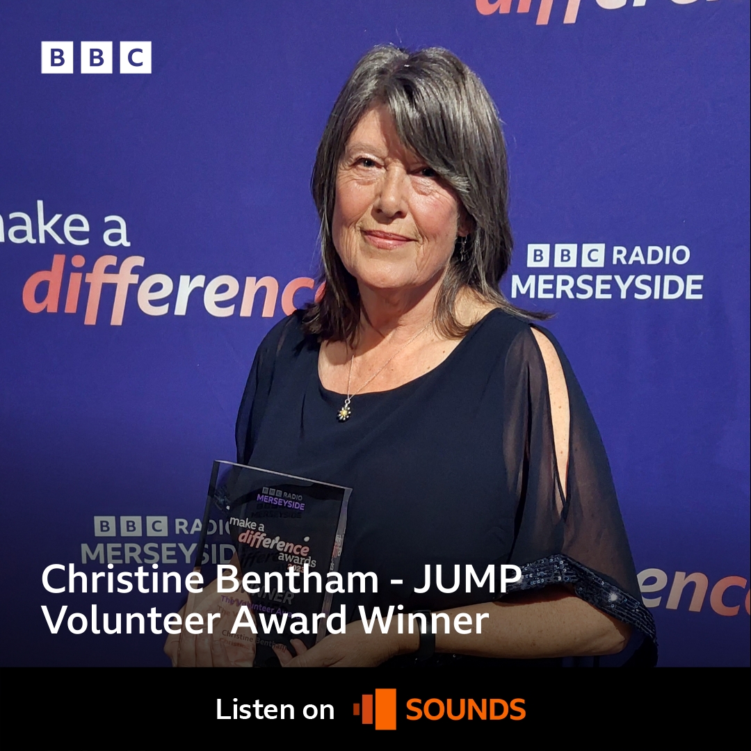 We are so proud of our Chairperson, Christine Bentham, who received the volunteer award at the BBC Radio Merseyside 2023 Make a Difference Awards last week.

Congratulations Chris, so very deserved. You give your heart to JUMP day in day out, we are so grateful for you.