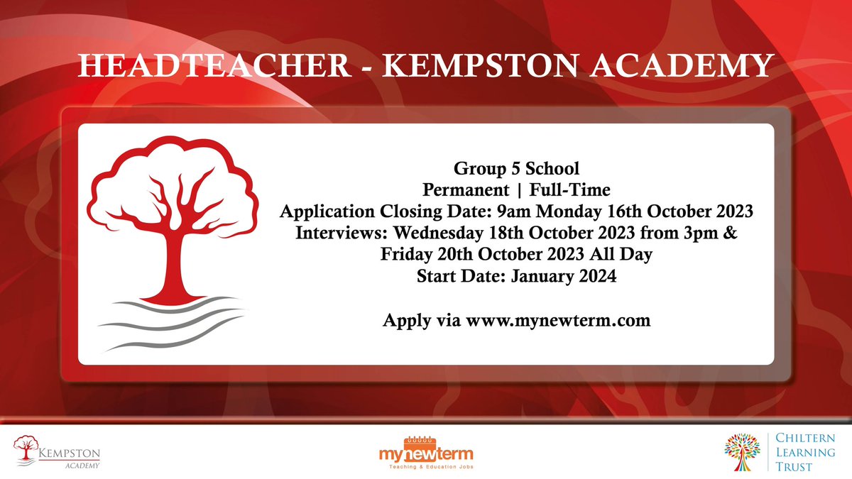 ChilternLT's tweet photo. We are delighted to advertise an excellent opportunity to lead @KAKempston.

The students, staff and community want an inspirational and caring leader!

Our Trust will provide you with huge support. Please get in touch. https://t.co/06yknU9yUg