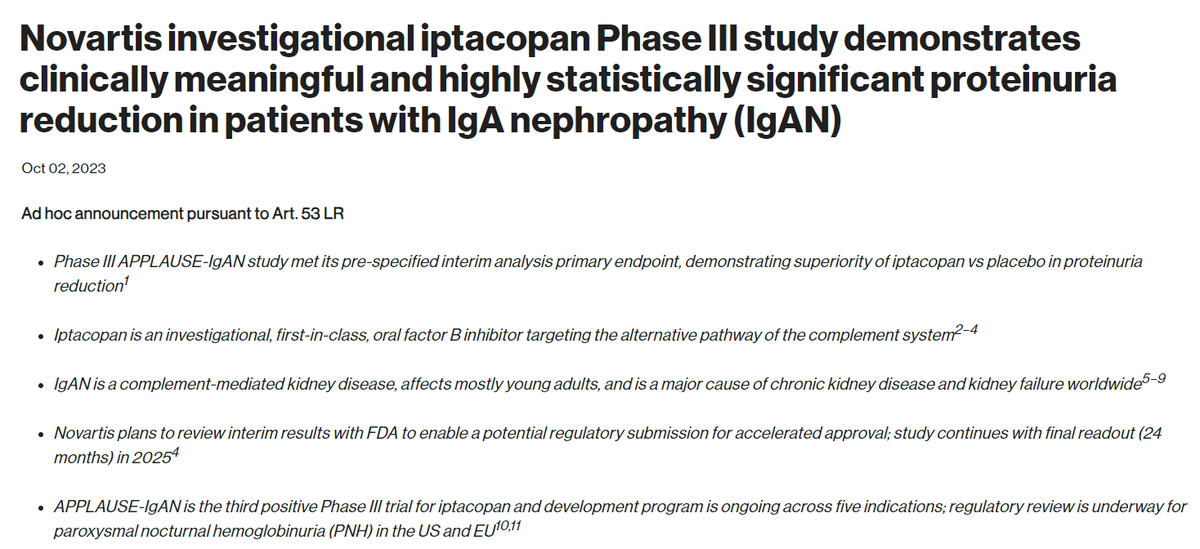 VladoPerkovic's tweet photo. I am so excited for our IgAN pts that the #APPLAUSE trial of #iptacopan found a significant proteinuria reduction at pre-specified interim analysis by @Novartis : https://t.co/dGpoACryb4. I am proud to co-chair the trial with @IgAN_JBarratt - hopefully regulatory approval soon! https://t.co/8QrRuwGwaC