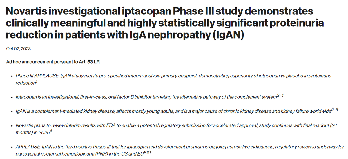 I am so excited for our IgAN pts that the #APPLAUSE trial of #iptacopan found a significant proteinuria reduction at pre-specified interim analysis by @Novartis : novartis.com/news/media-rel…. I am proud to co-chair the trial with @IgAN_JBarratt - hopefully regulatory approval soon!