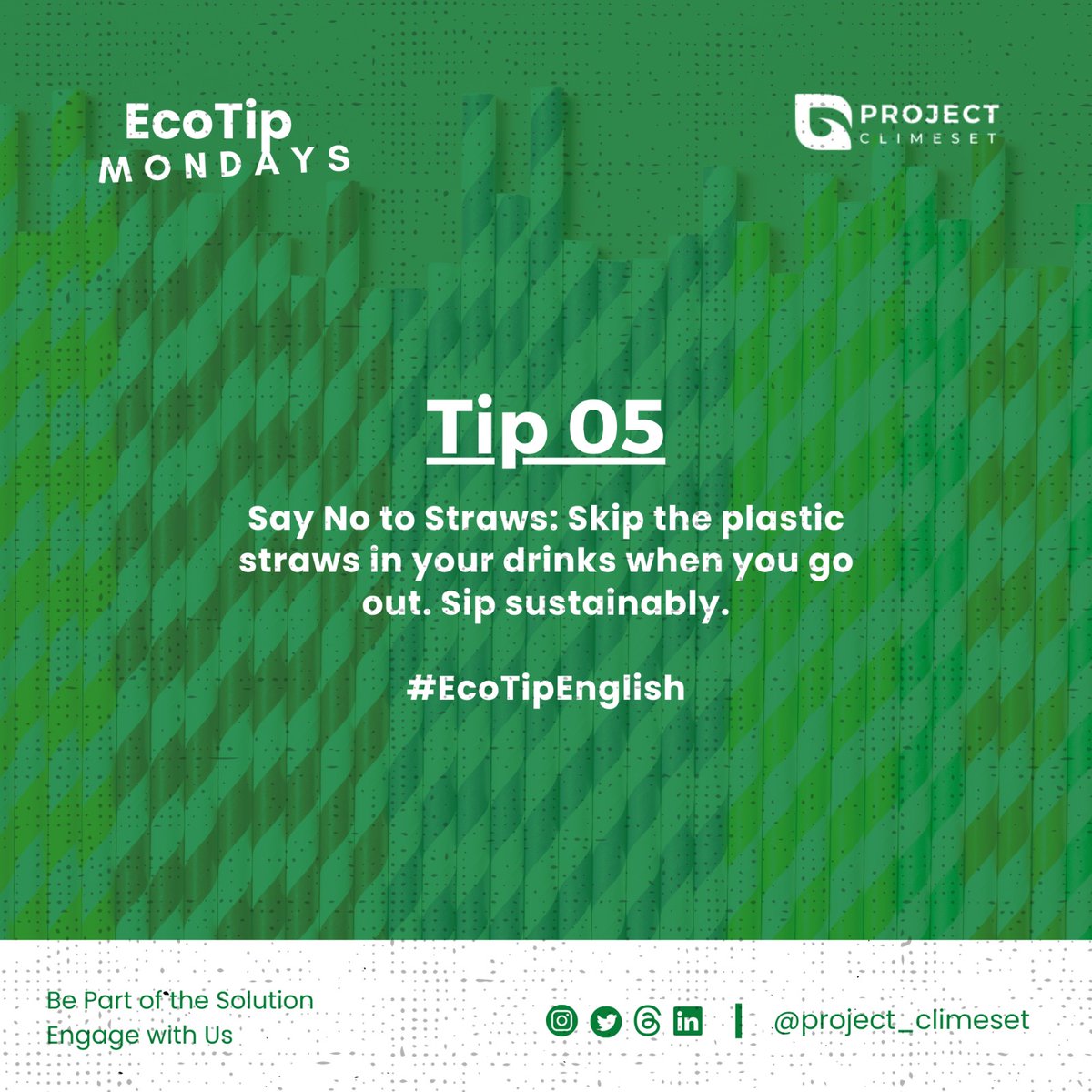 ProjectClimeset's tweet photo. Plastic straws harm marine life.
Take a stand by skipping them in your drinks.
Your simple choice can make a big difference in our fight against plastic pollution.
#SkipTheStraw
#ProjectClimeSet #ClimateEducation #ClimateAction https://t.co/4i3lTbucRv