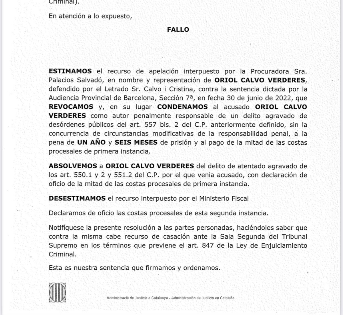 ConsellRep's tweet photo. ⚖️Va arribar-nos el cas de l'@OAbsolucio amb imminent execució de la sentència condemnatòria que el feia entrar a presó. L'advocat @JACS_JaumeACS de seguida va fer-se càrrec de la defensa. El recurs ha estat estimat i ha comportat la reducció de pena i que no hagi d'anar a presó. https://t.co/YTmvgEgC4I