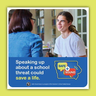 IowaDPS's tweet photo. If a student you know could be a danger to themselves or others, share your school threat concerns anonymously, 24/7 -- 3 different ways:
☑️Visit https://t.co/nIG5KIRmwm
☑️Call 800-224-6018
☑️Download the Safe+Sound Iowa mobile app
#SafeSoundIowa #SaveALife https://t.co/hDze8iu9vW