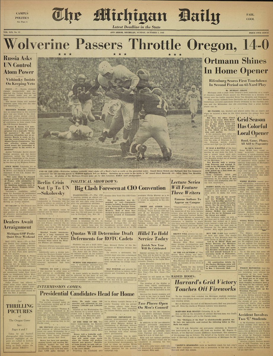 theblockm's tweet photo. #TodayInMichiganHistory: On this day 75 years ago, @UMichFootball beat @oregonfootball en route to its 10th claimed national title. The Ducks will join the @bigten in 2024. https://t.co/YIbJdNMw6b