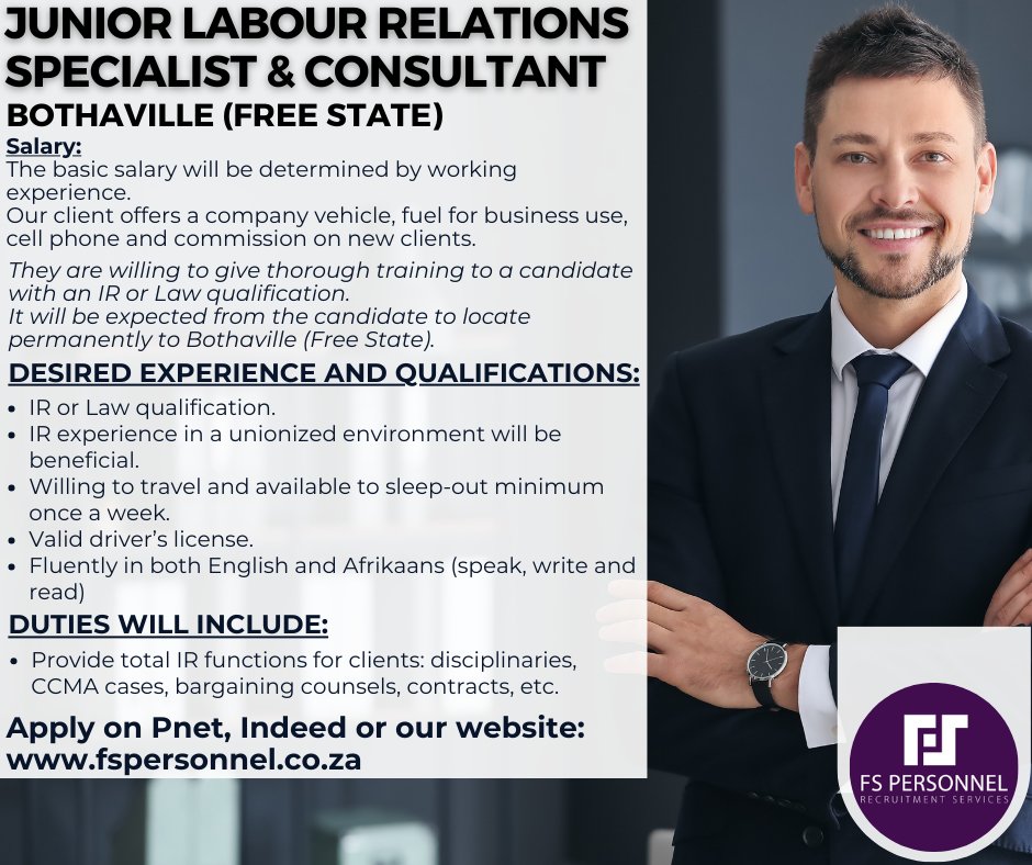 FS_PERSONNEL's tweet photo. Junior Labour Relations Specialist &amp; Consultant: Bothaville (Free State)

The basic salary will be determined by working experience.

Apply on Pnet, Indeed or our website: https://t.co/baEiWU99DX https://t.co/lA2mCsbew0